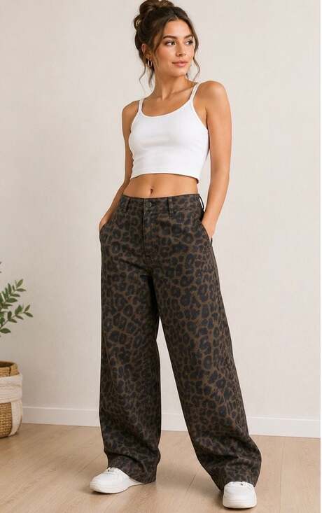 Shein Denim - Leopard Print Wide Leg Jeans
